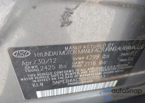 2013 Hyundai Sonata Gls z USA, uszkodzony, nr VIN 5NPEB4AC5DH520543